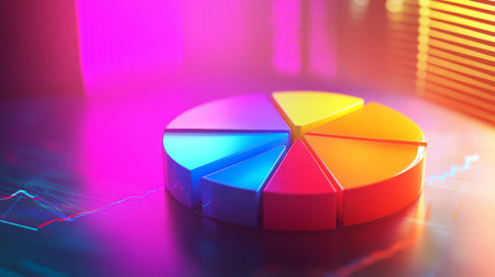 A dynamic financial pie chart with bright, segmented slices showing business income allocation, overlaid on a blurred stock market graph for a high-tech feel.の素材
