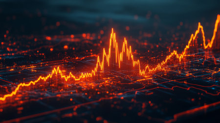 A high-resolution image of a heartbeat monitor showing an active heart wave, with sharp peaks and valleys representing vital signs in real-timeの素材