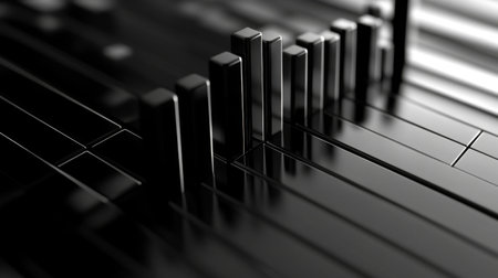 A dynamic D bar graph on a black background, with sleek metal bars, a glowing grid, and a futuristic feel, perfect for illustrating progress or trends.の素材