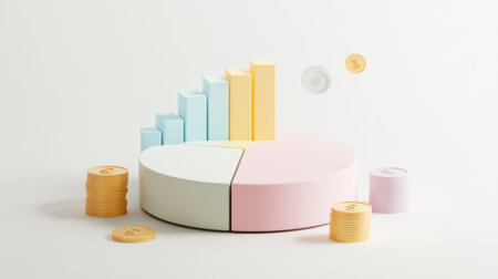 A minimalist financial pie chart with pastel-colored slices, displaying income distribution, with financial icons and subtle shadows on a light background.の素材