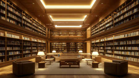 A serene library interior filled with rows of bookshelves, cozy seating areas, and soft lighting, providing a tranquil environment for study and reflection.の素材