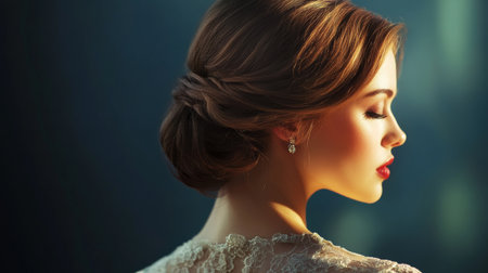 A graceful image of a woman with a classic chignon hairstyle, elegantly dressed for an evening event, with soft lighting emphasizing her refined look.の素材