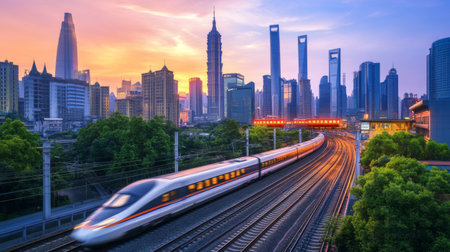 A high-speed train passing through a vibrant urban area, with modern skyscrapers and busy streets in the background, highlighting city life and innovationの素材