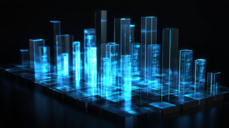 A high-tech D bar graph with glowing blue bars and digital numbers floating around them, symbolizing complex financial data and analysis.の素材