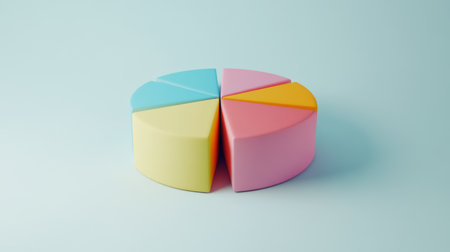 A multi-colored D pie chart in a minimalist style, with sections slightly lifted to show the data split, presented on a clean, white background.の素材