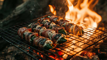 A mouthwatering image of bacon-wrapped jalapeo poppers on a grilling rack, sizzling over an open flame, highlighting their deliciousness and smoky aromaの素材