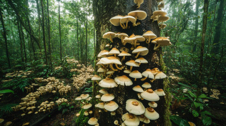 A stunning photograph of mushrooms growing on the side of a tree trunk in a dense forest, highlighting the symbiotic relationship between nature and fungi.の素材