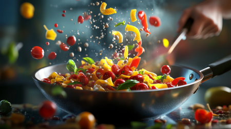 A dynamic scene of a chef tossing fresh ingredients in a pan while preparing a colorful Italian pasta dish, capturing the art and passion of Italian culinary traditions.の素材