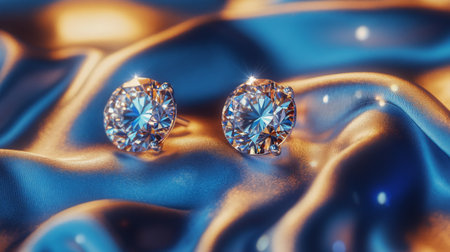A luxurious display of diamond stud earrings set against a backdrop of soft satin fabric, highlighting the brilliance and timeless elegance of the jewelryの素材