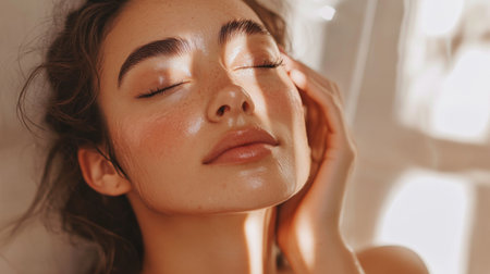 A serene image of a woman with a natural makeup look, featuring soft blush and light eyeliner, enjoying a moment of self-care in a cozy, well-lit bathroom.の素材