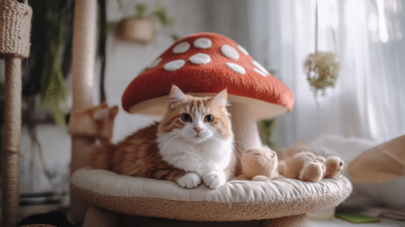 A whimsical cat house shaped like a mushroom, surrounded by playful toys and cushions, creating a fun and inviting space for catsの素材