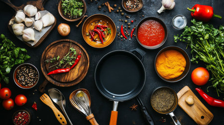 A vibrant flat lay of various cooking pots and pans arranged with fresh ingredients, spices, and utensils, showcasing the essentials for a home-cooked meal.の素材