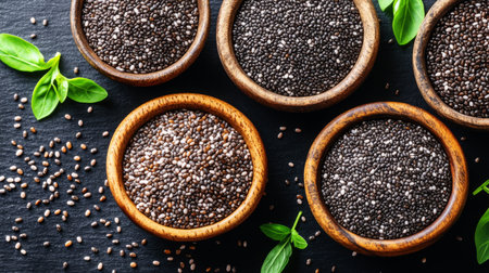 Close-up of chia and flax seeds in small wooden bowls, surrounded by raw ingredients, representing superfood grains for healthの素材