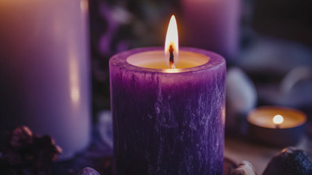 Close-up of a flickering candle flame in a dark room, casting soft shadows and creating a cozy ambiance, emphasizing the glow and warmthの素材
