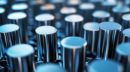 Group of metallic D bars of varying heights on a digital grid, with shadows adding depth against a light backgroundの素材