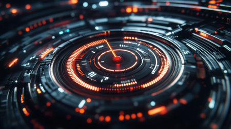 Futuristic digital speed gauge with glowing lines, needle pointing to maximum, set against a dark high-tech backgroundの素材