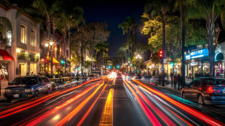 Light streaks from cars passing on a city street at night, with a long exposure effect capturing vibrant colors and movementの素材