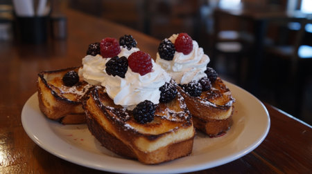 Toasted brioche topped with whipped cream and berries, creating a delightful and inviting brunch setup on a rustic tableの素材