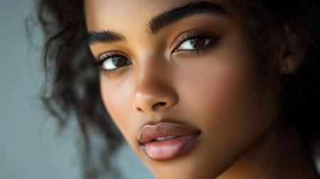 A close-up of a young woman with minimal makeup, emphasizing her natural skin texture and the fresh, youthful appearance of her face.の素材