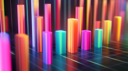 A close-up of a D bar graph displaying financial data with vibrant, colorful bars rising above a grid, showcasing the dynamic nature of investment trends.の素材