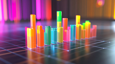 A close-up of a D bar graph displaying financial data with vibrant, colorful bars rising above a grid, showcasing the dynamic nature of investment trends.の素材