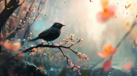 A bird perched on the branch of a young tree, surrounded by colorful spring blossoms.の素材