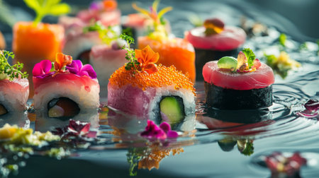 A close-up of colorful sushi rolls floating on a platter filled with water, with vibrant garnishes and reflections adding a unique and artistic touch.の素材