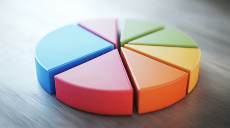 A detailed shot of a D pie chart with segmented sections and labels, displaying data in a visually engaging and three-dimensional format.の素材