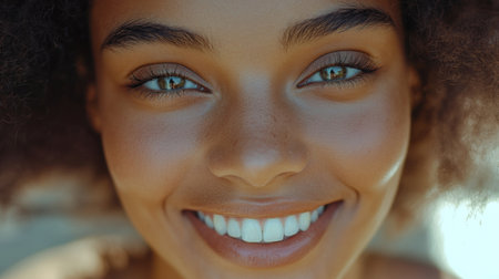 A close-up of a young womans face with vibrant, expressive eyes and a subtle makeup look, capturing her unique features and the warmth of her smile.の素材
