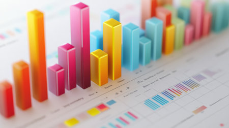 A close-up of a D bar graph on a computer screen, with colorful bars rising from a grid and data points clearly marked, illustrating complex data visualization.の素材