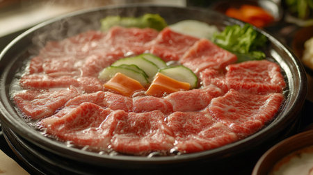 A close-up of a shabu-shabu meal from above, showcasing thinly sliced beef and fresh vegetables cooking in a bubbling hot pot, with chopsticks and dipping sauces on the side.の素材