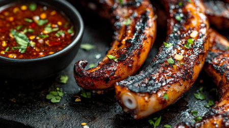 A close-up of a freshly grilled squid tentacle, perfectly charred, with a side of spicy dipping sauce and a sprinkle of herbs.の素材