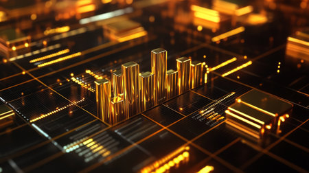 A close-up of a D gold bar chart on a digital screen, with gleaming gold bars rising from a grid, representing financial or investment data with a luxurious touch.の素材