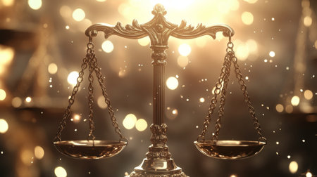A close-up of a metal scales of justice with a polished finish, positioned against a backdrop of a courtroom with soft lighting highlighting its symbolic importance.の素材