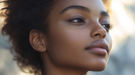 A close-up of a young woman with minimal makeup, emphasizing her natural skin texture and the fresh, youthful appearance of her face.の素材