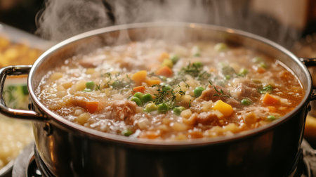A detailed shot of a large stock pot filled with a hearty stew, with ingredients like vegetables and meat visible, and steam rising from the pot.の素材