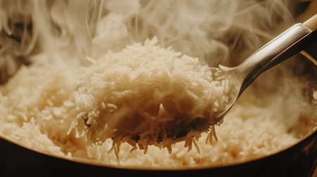 A detailed shot of a serving spoon scooping out hot rice from a pot, with steam rising and a portion of the rice in focus, emphasizing its texture and warmth.の素材