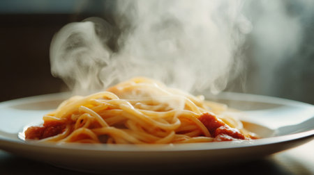 A detailed shot of a plate of freshly cooked pasta with sauce, steam gently wafting up from the dish, highlighting the warmth and inviting aroma of the meal.の素材