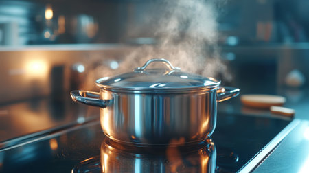 A close-up of a shiny stainless steel pot with a lid slightly ajar, showing a hint of steam escaping, set on a modern stovetop with a blurred kitchen background.の素材