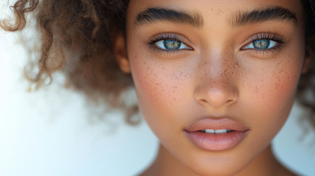 A close-up of a young woman's face with a natural, glowing complexion, featuring soft, expressive eyes and a gentle smile, emphasizing beauty and confidence.の素材