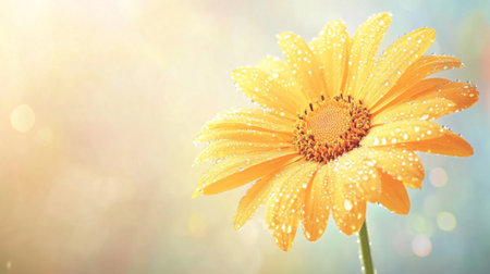 A close-up shot of a bright yellow flower with water droplets scattered across its petals, set against a soft, blurred background.の素材