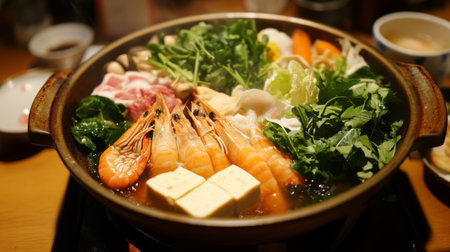 A detailed shot of a shabu-shabu setup, with various ingredients like tofu, leafy greens, and seafood arranged around a hot pot, emphasizing the vibrant colors and textures.の素材