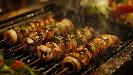 A close-up of grilled squid skewers on a sizzling hot grill, surrounded by fresh herbs, vegetables, and spices.の素材