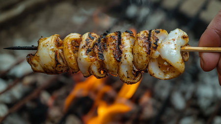 A hand holding a skewer of hot grilled squid, with grill marks visible and the warm smoky flavor being released into the air.の素材