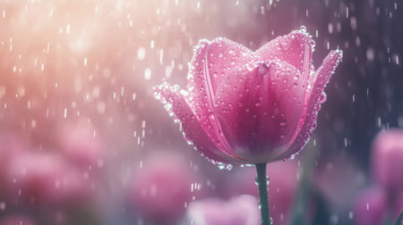 A pink tulip with sparkling water droplets on its petals, captured on a rainy day with a soft-focus background.の素材