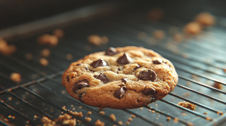 A fresh chocolate chip cookie with a gooey center, placed on a wire rack cooling down, with crumbs scattered around.の素材