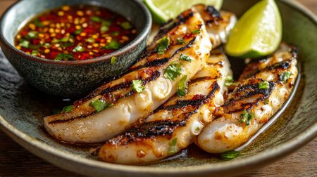 A plate of freshly grilled squid with smoky grill marks, garnished with lime wedges and chili dipping sauce, placed on a wooden table.の素材