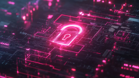 A digital lock symbol overlaid on a computer screen displaying sensitive data, illustrating the concept of protecting digital information.の素材