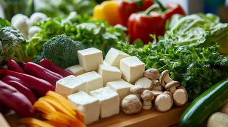 A vegetarian shabu table spread featuring tofu, mushrooms, and a rainbow of fresh vegetables in a vibrant dining atmosphere.の素材
