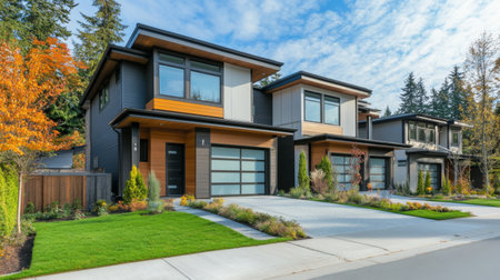 A modern twin house in a suburban neighborhood with a neat front yard, clean driveway, and contemporary architecture.の素材